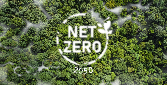 Net Zero Emissions 2050 scheme, concept showing natural rain Forrests engulfed in pollution.